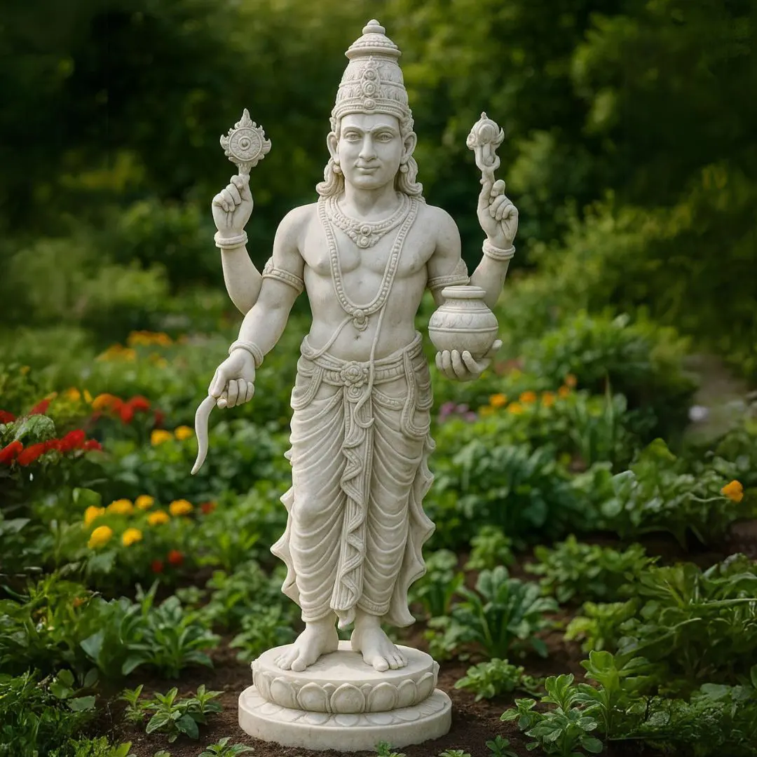 Lord-dhavantari Lord Dhavantari god of ayurveda medicine stands made of marble in a field of vegetables and flowers